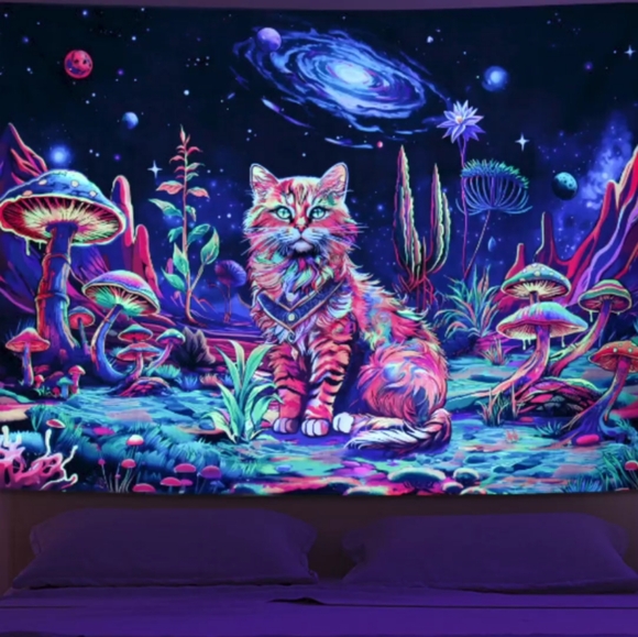 Colorful Space Kitty Mushroom Blacklight Wall Tapestry Black Light Cat Lady Gift - Picture 11 of 12